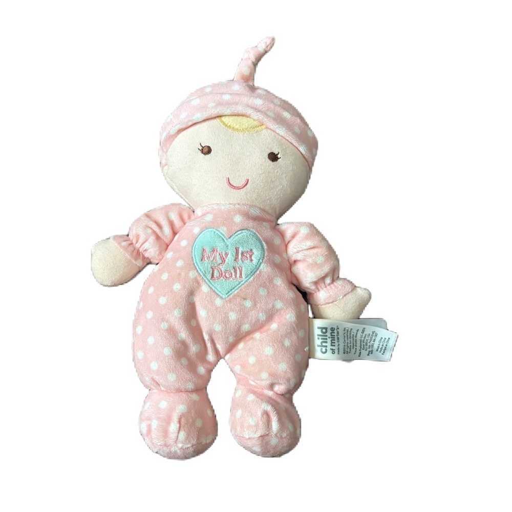 Carters Child of Mine My 1st Doll Rattle Crinkle Pink Polka Dots Blonde Hair